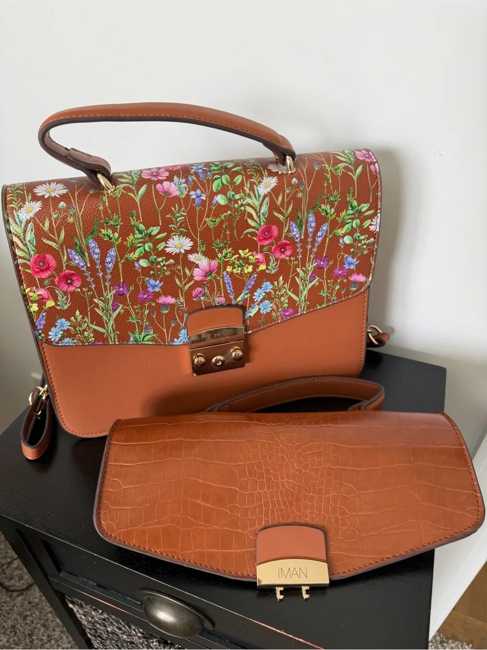 IMAN Convertible Satchel Handbag Crossbody - Brown Croc and Wildflower Flaps